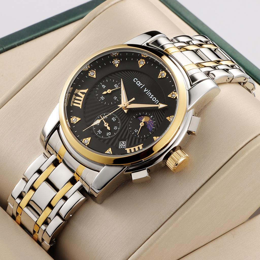 Men's Multi-function Watch Stainless Steel Strap Bow Buckle Men's Watch Moon Phase Waterproof Luminous Watch