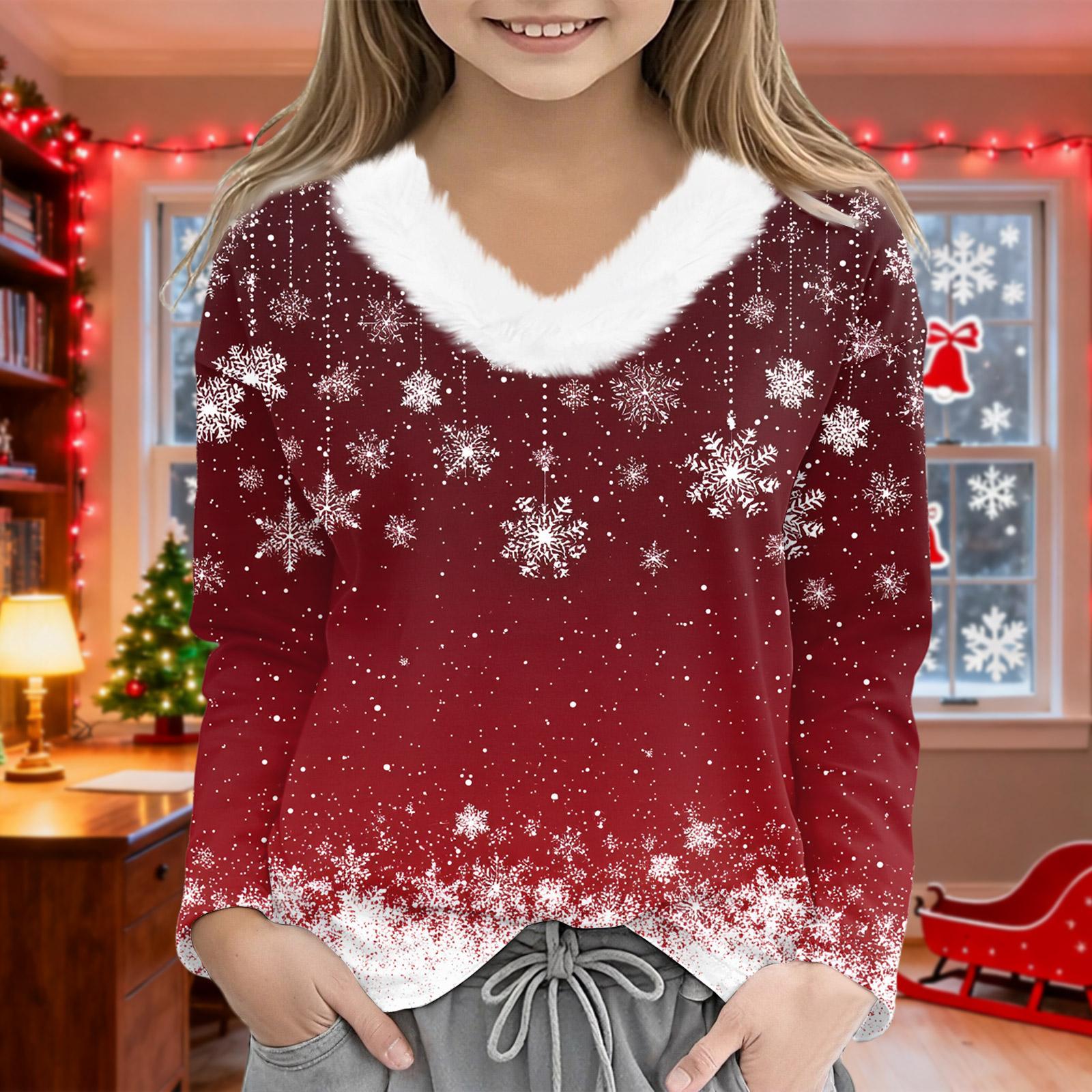 

Рождественские футболки с длинным рукавом для девочек, детская футболка с V-образным вырезом, рождественский принт, топ с длинным рукавом 150 винный