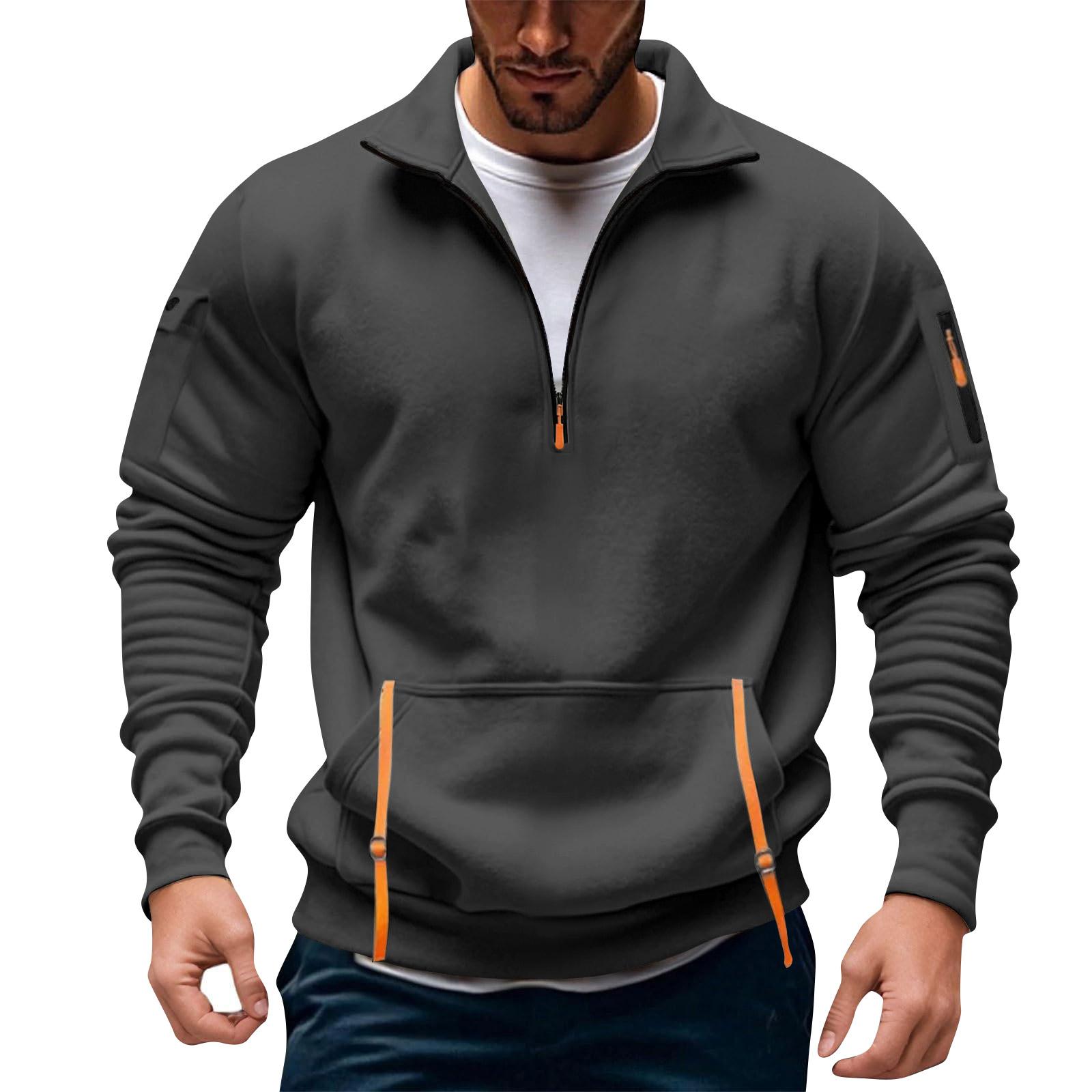 

Men s Color Stand Collar Sweatshirt Half Zipper Multi-Pocket Pullover Sports Casual Hoodless Sweatshirt XXXL