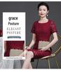 Summer 2023 Wine Red Lace Dress with Seven-Sleeve for Elegant Young Mothers
