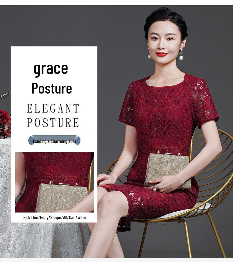 Summer 2023 Wine Red Lace Dress with Seven-Sleeve for Elegant Young Mothers