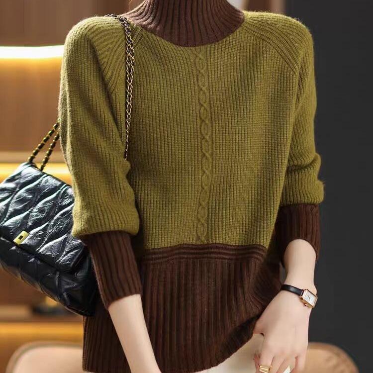 

Свитер с полувысоким воротником и цветными блоками для женщин на осень и зиму, новый стиль, модный, свободный, базовый вязаный шерстяной свитер 2XL