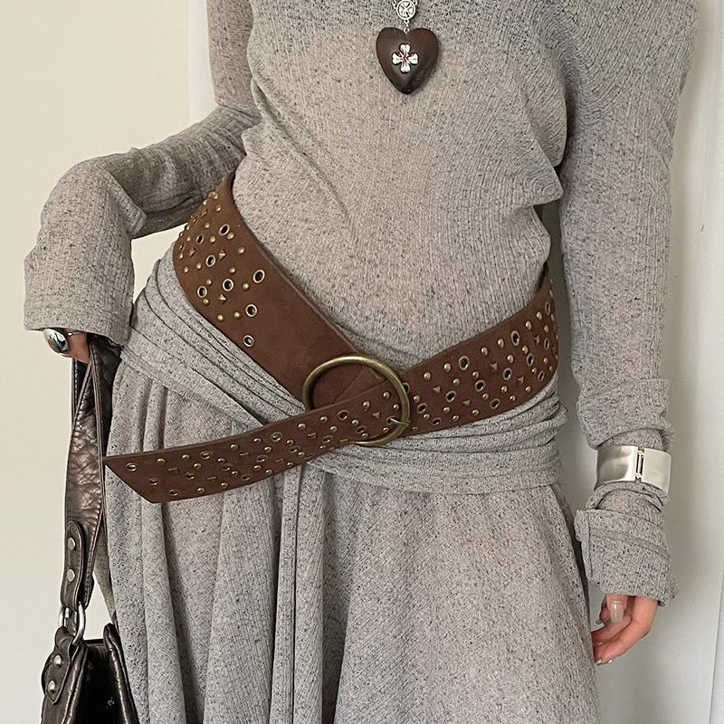 Retro Wildleder Nieten Gürtel Punk Gothic Western Cowgirl Breite Taillenbänder Gürtel Y2K Unregelmäßiger Gürtel