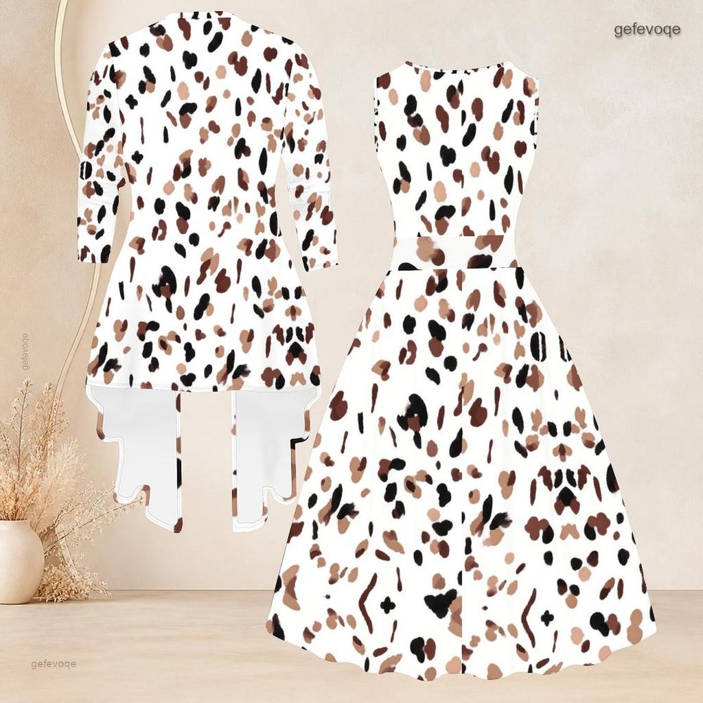 Women Plus Size Two Piece Set Printed Sleeveless Round Neck Tie Waist Flared Dress And Three Quarter Sleeve Cardigan