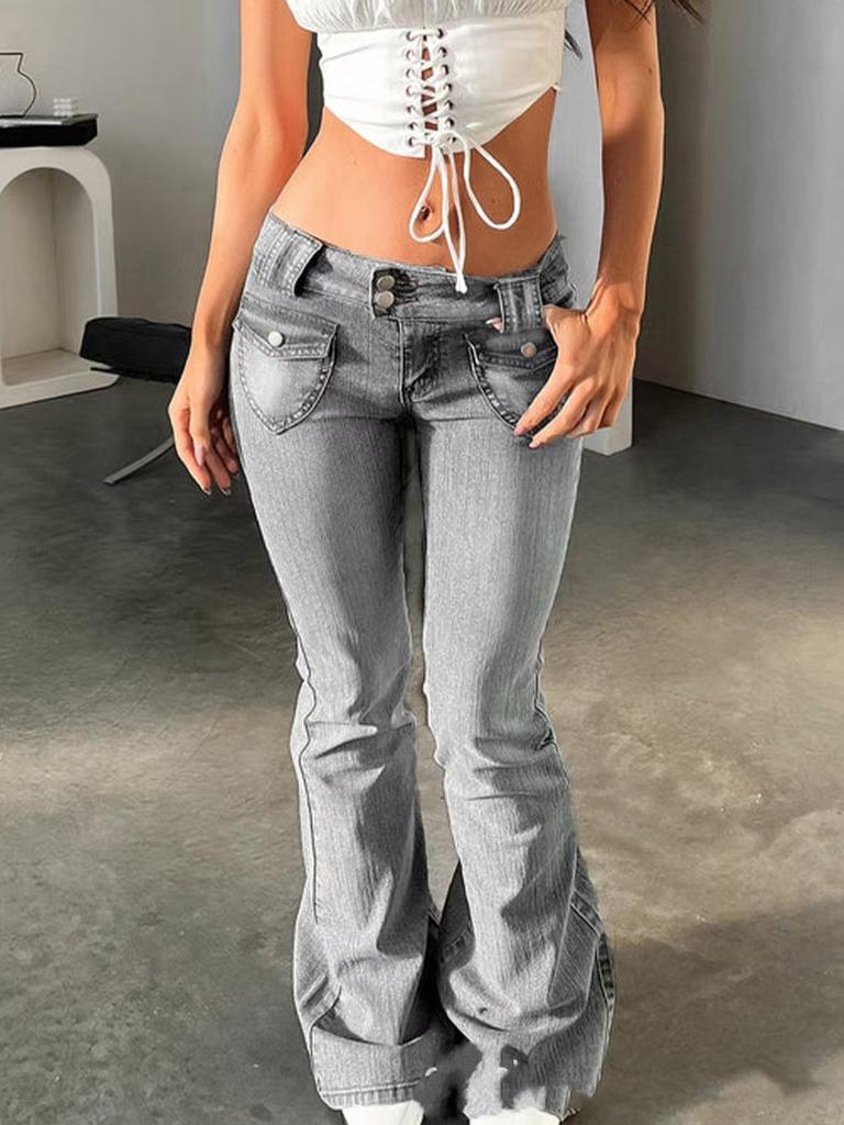 Vintage High Street Low-Waisted Jeans Women Wide Leg Y2K Denim Trousers Female Slim Fit Flares Denim Pants