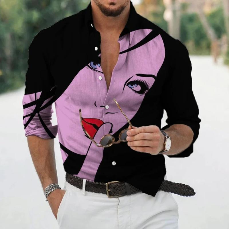 Fashion Long Sleeve Lapel Button Up Plus Size Shirt Men 3d Print Blouse