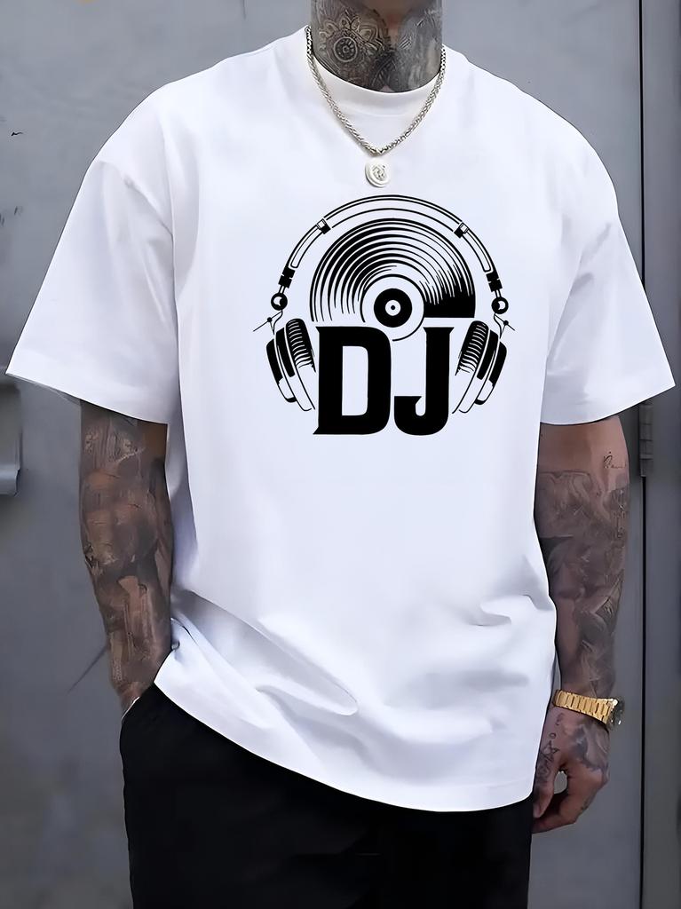 Unisex Black Crew Neck Tee Dj Headphone Vinyl Print Oversized Short Sleeve Unisexs Summer Streetwear Casual Daily Basic Wear Top