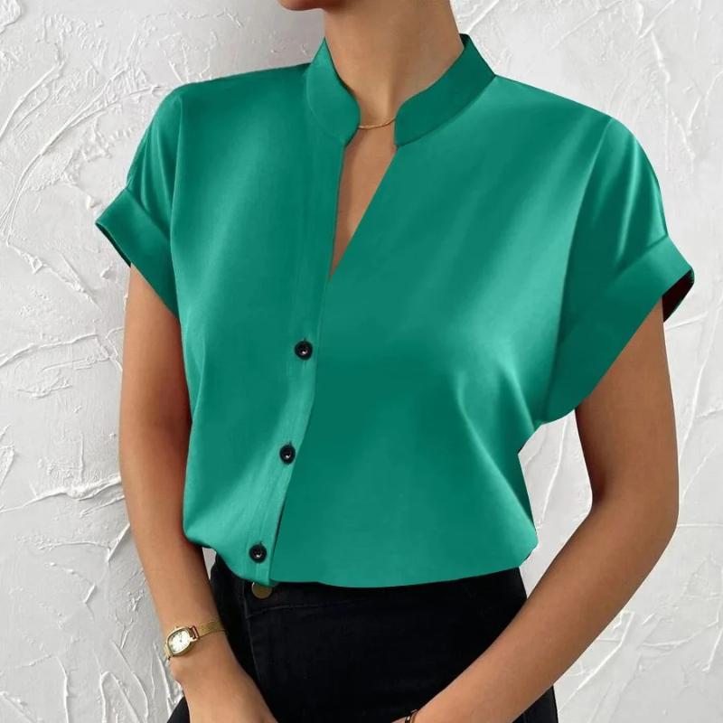 Women Solid Folds PU Leather Button Turn Down Collar Bodycon Working Black Blouse Tops