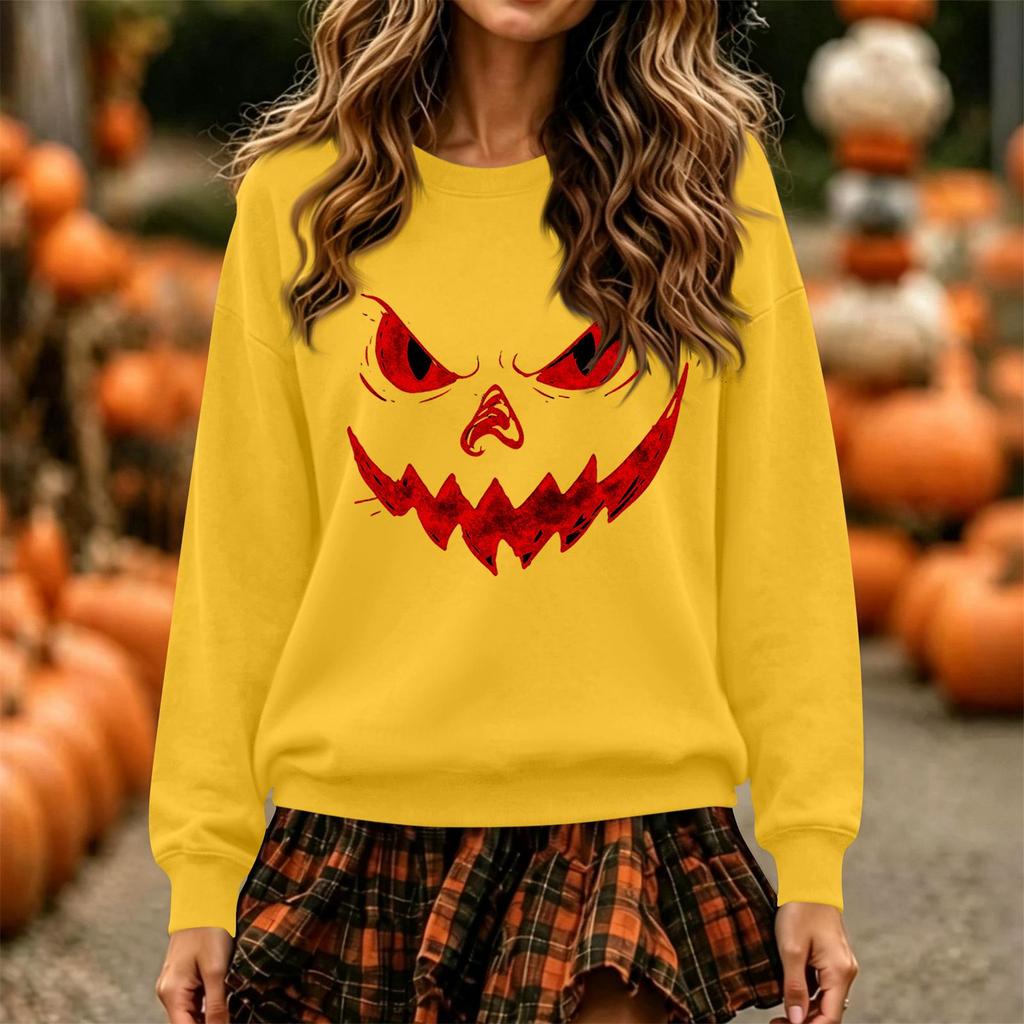 Women's Fashion Casual Long Sleeve Halloween Print Neck Pullover Sweatshirt
