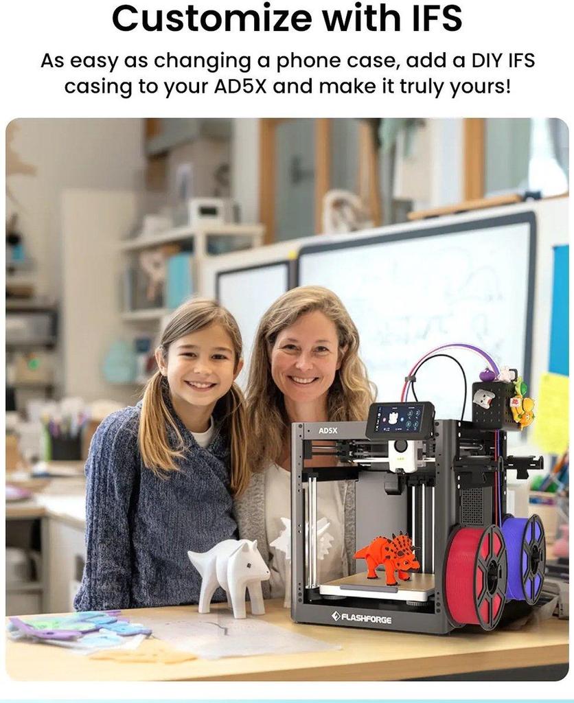 Stampante 3D Flashforge AD5X, Multicolore, Alta Velocità 600 mm/s, Livellamento Completamente Automatico, Estrusore Direct Drive 300°C, Struttura in Metallo Core XY