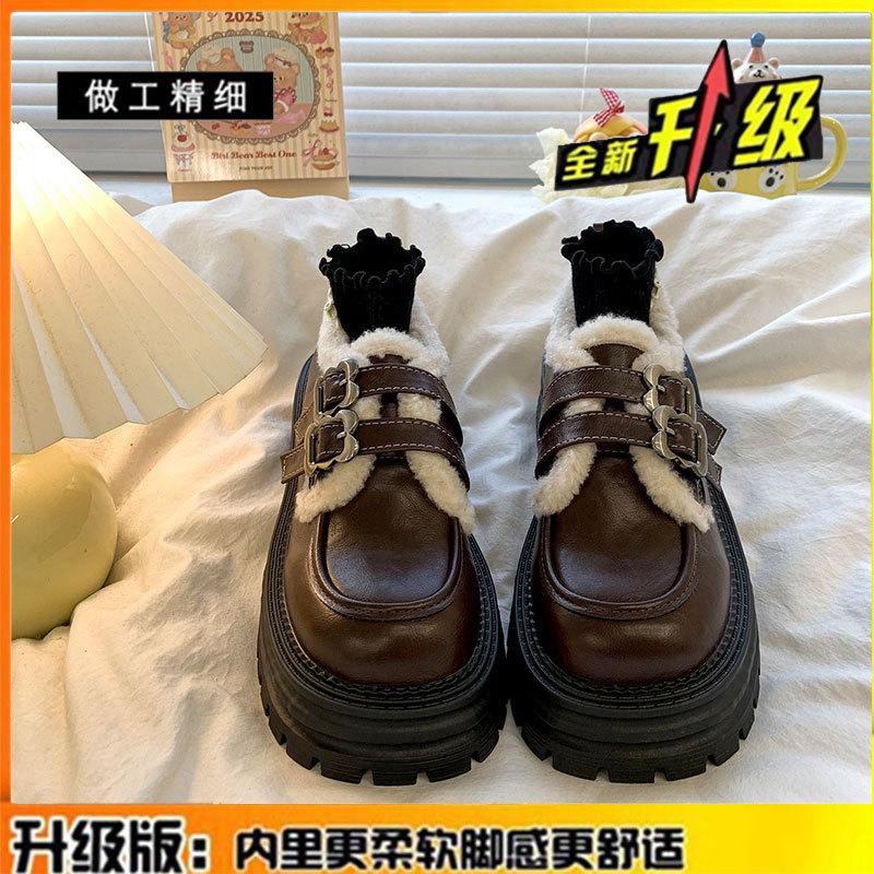 

Leather velvet loafers cotton shoes children s shoes versatile autumn and winter new thick-soled fluffy Mary Jane small leather shoes 40