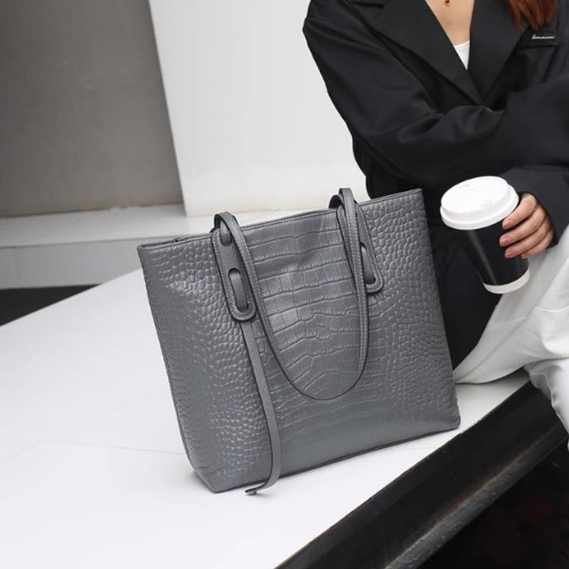 Genuine Leather Tote Bag Women's Korean Version Simple Crocodile Print Top Layer Cowhide Handbag Shoulder Bag