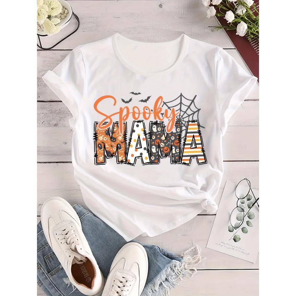 Spooky Mama Halloween Graphic Women's Crew Neck Short Sleeve Spider Web Bat Design Perfect for Spring