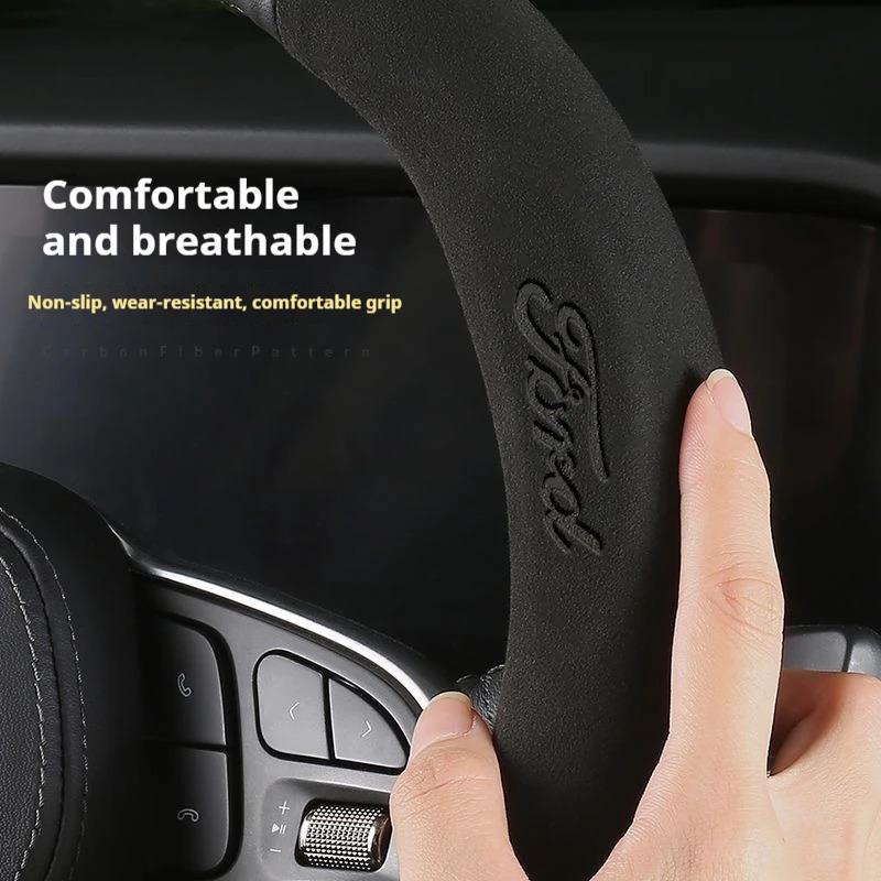 For Ford Mondeo Focus Raptor Puma Edge Explorer Ecosport Ranger F150 Kuga Car AntiSlip Carbon Fiber Leather Steering Wheel Cover UR1