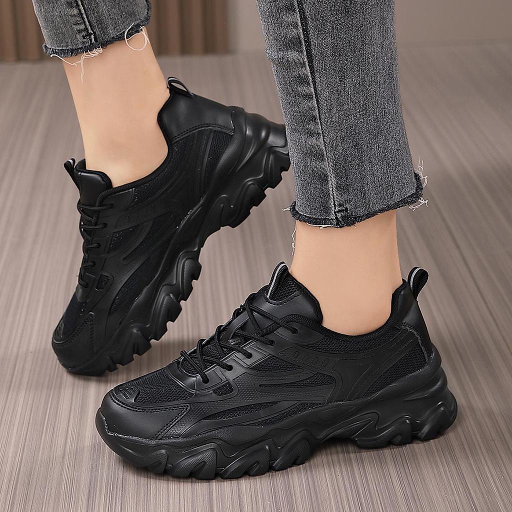 Women's Black Non-Slip Height-Increasing Sports Shoes - Fashionable, Comfortable, Versatile, Thick Sole for Spring/Autumn