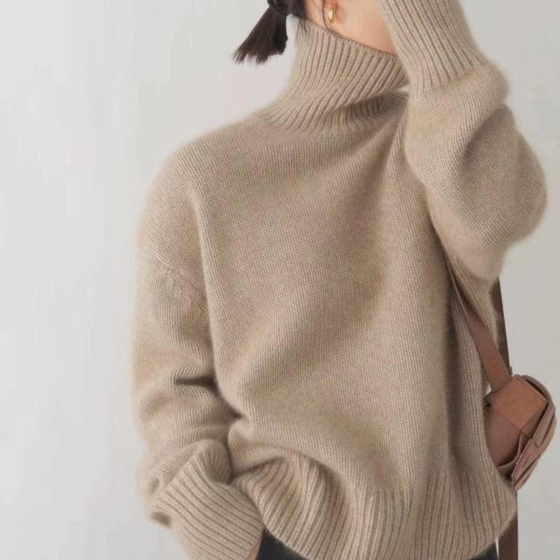 Autumn and Winter Thick Half High Collar Solid Women's Sweaters Elegant Vintage Loose Knitted Pullovers Sweater Ladies Casual Slim Base Jumpers 25560