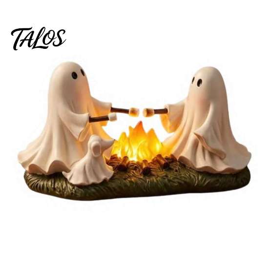 Cute Ghost Campfire Figurine Roasted Marshmallows LED Ornament, Durable Resin Halloween Desktop Spooky Craft, Decorative Warm Light for Home Fireplace