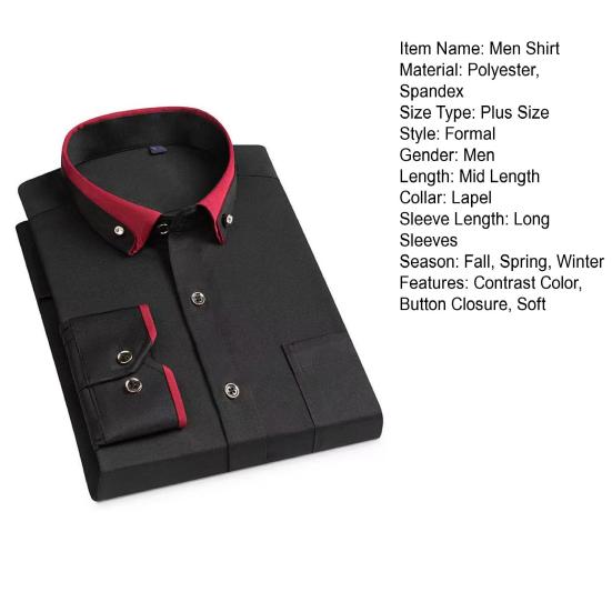 Men Shirt Formal Business Style Long Sleeve Lapel Contrast Color Single-breasted Pocket Soft Breathable Plus Size Mid Length Anti-wrinkle