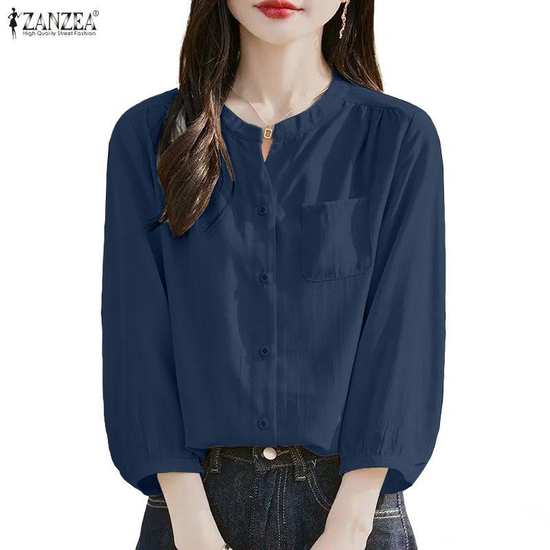 ZANZEA Women Casual V-Neck Solid Color Loose 3/4 Sleeve Blouse