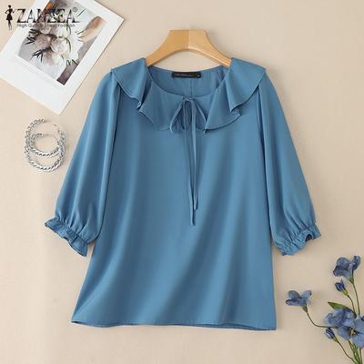 Damen Rüschen Rundhals Casual 3/4 Ärmel Lockere Bluse