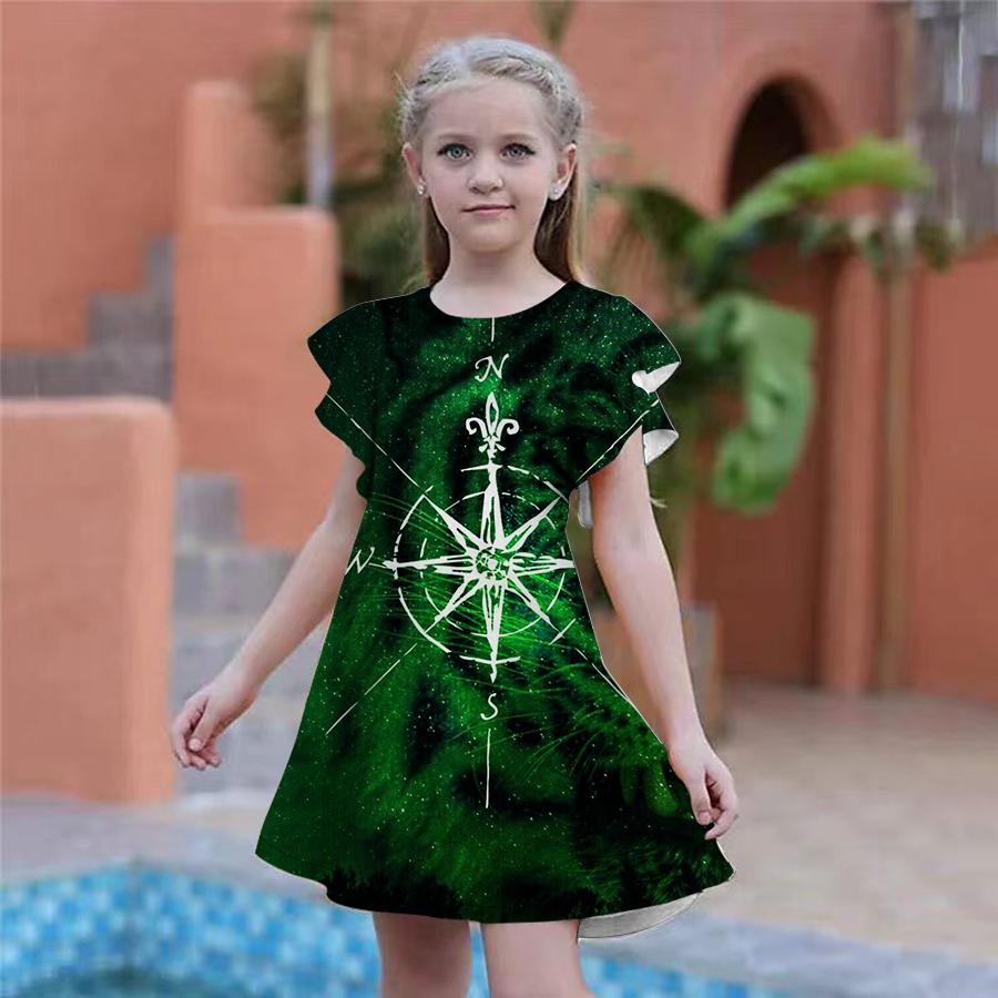 Robes Bleues à Imprimé Pentagramme pour Filles Robe de Fête pour Enfants Fille Coupe Ample Coupe Ample Manches Courtes Jupe pour Filles de Plus de Quatre Ans