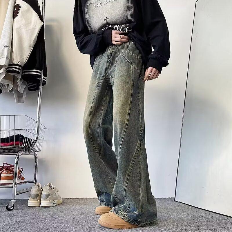 Retro high street straight deconstruction old retro jeans men and women thin and tall wide-leg slightly pulled pants
