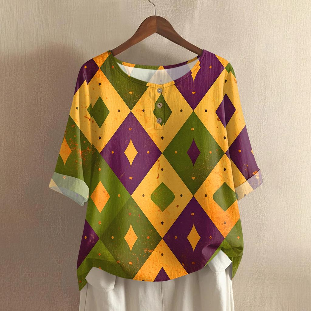 Damska casualowa i wygodna bawełniano-lniana bluzka z okrągłym dekoltem, średniej długości, z modnym nadrukiem