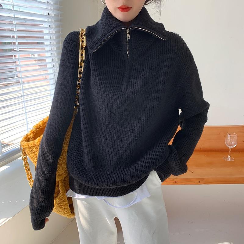 DAFIFY Women's Fashion Casual Fall Winter Solid Color Print Long Sleeve POLO Neck Sweaters