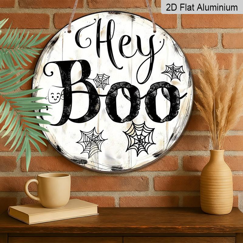 2D Flat, 1pc "Hey Boo" Halloween Ghost Round Aluminum Sign for Fall And Winter Celebrations, Suitable for Indoor And Outdoor Use, Wall Decoration for