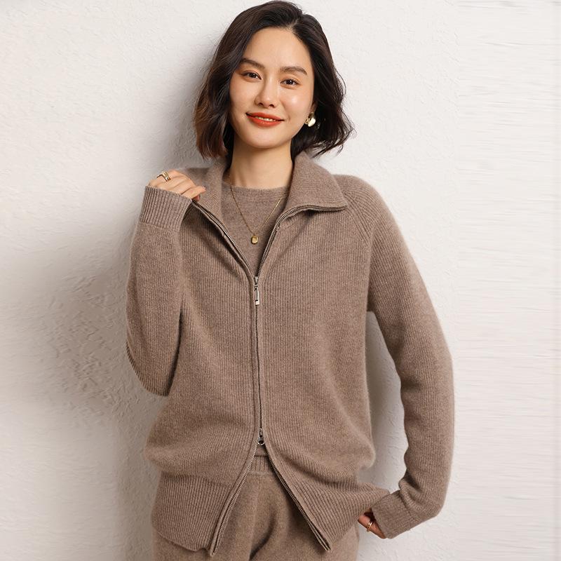 Cashmere Loose Polo Lapel Solid Color Double Zipper Knit Cardigan Sweater for Women - 2026 Autumn/Winter Collection.