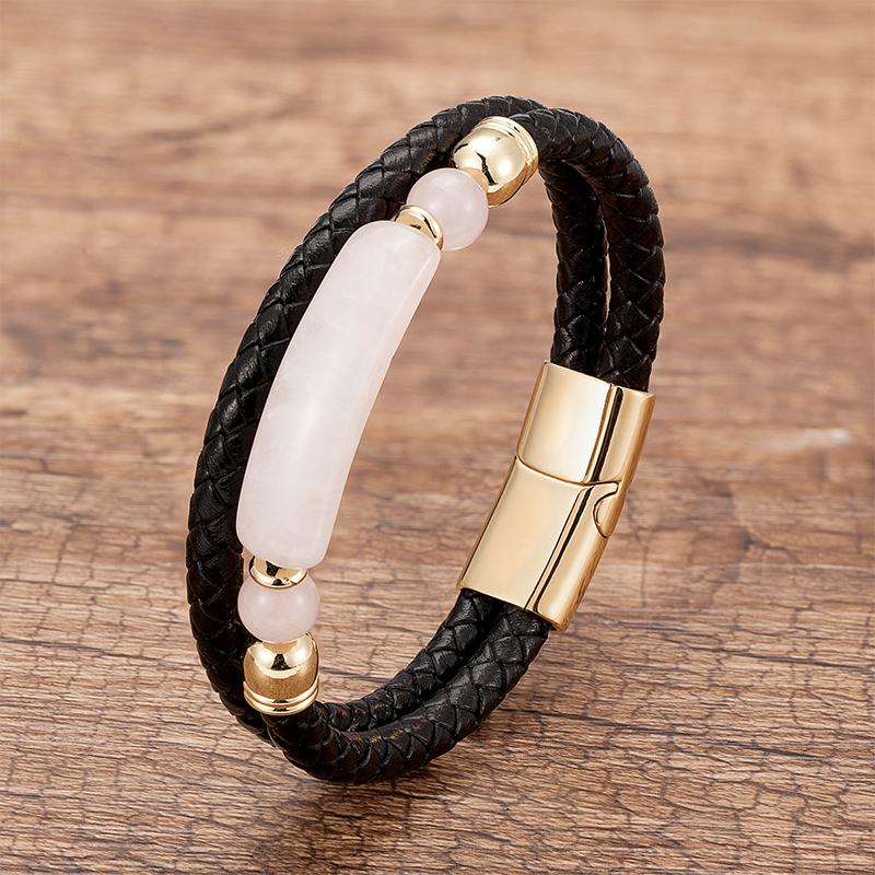 Minimalist Crystal Stone Bracelet Braided Leather Cord Stainless Steel Chain Waterproof Jewelry for Men Women Daily Use