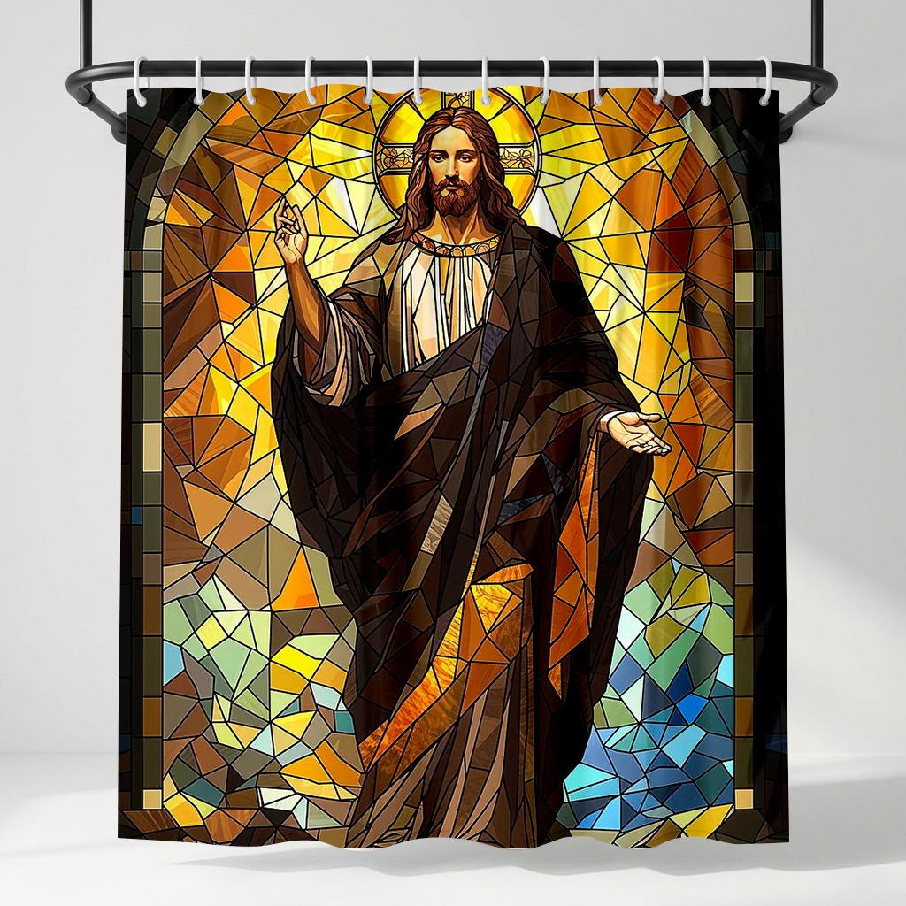

Sacred Jesus Stained Glass Shower Curtain - Creative Mosaic Religious Art Design - Indoor Home Bathroom Decor Art Bath Curtain W60H190(CM)-1 Pcs