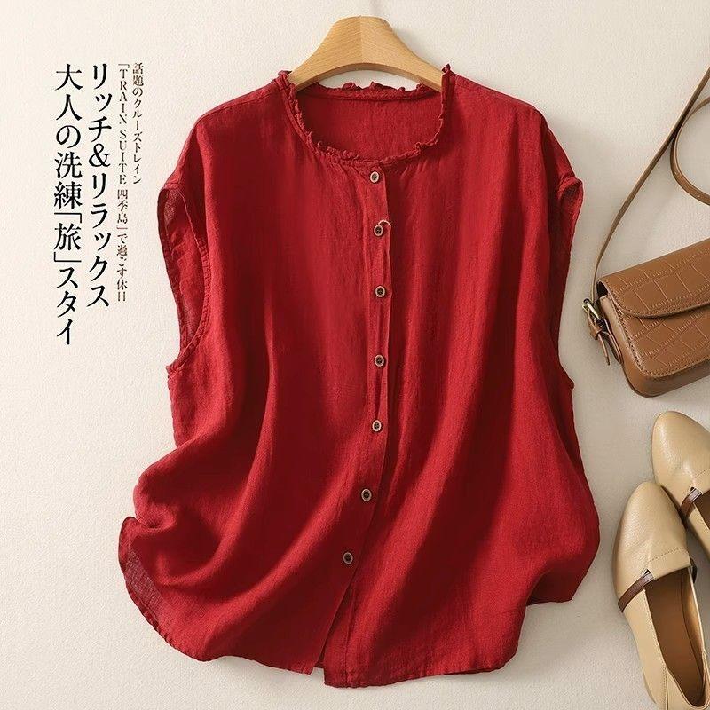 Womens Linen Cotton Ruffle Neck Blouse Casual Sleeveless Button Up Shirt M красный