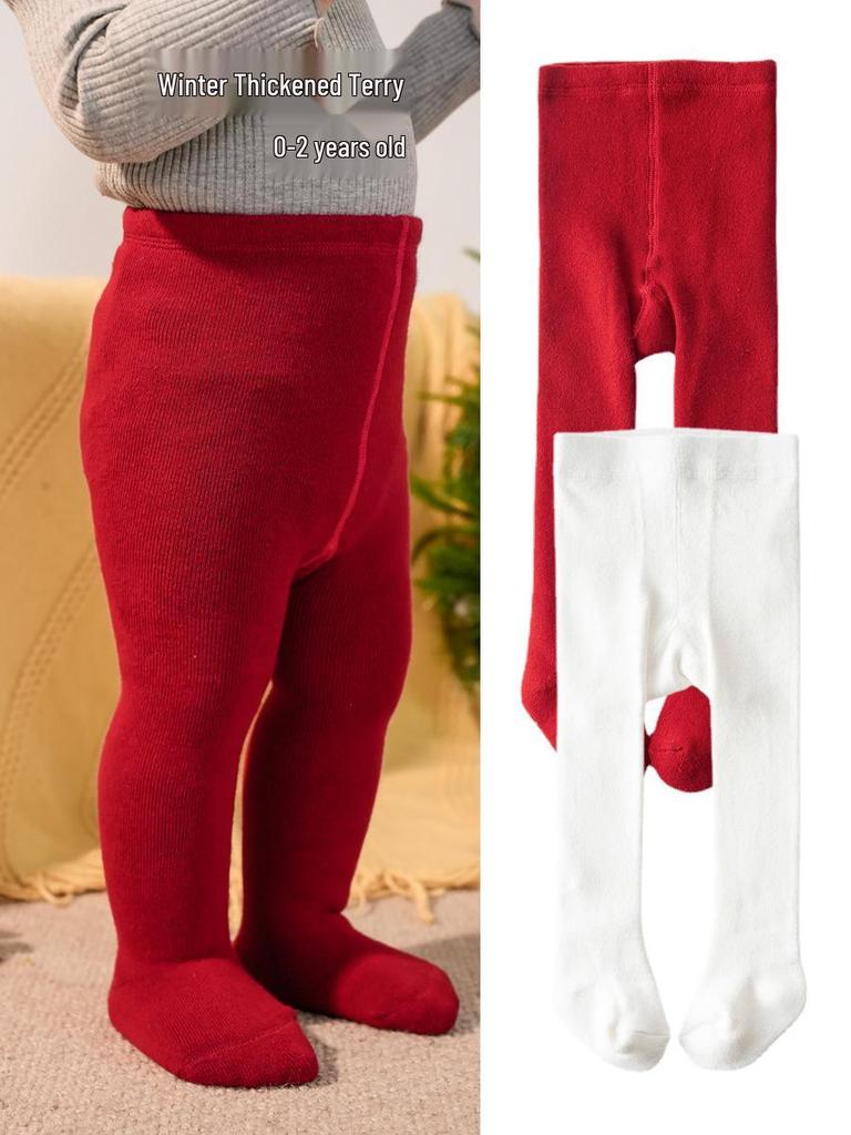 Cozy Winter Red Baby Tights for First Birthday - Warm Footed Pants for Toddlers