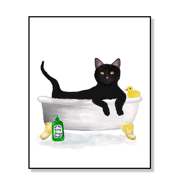 Funny Modern Cute Black Cat In Bath Artwork Posters Decoration Canvas Paintings And Prints For Washroom Toilet Living Room Decor