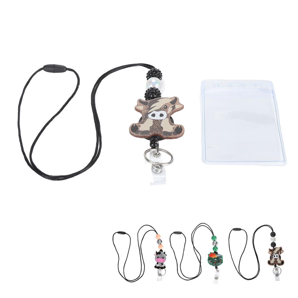 Badge Holder with Lanyard Cartoon Beaded Design Adjustable Nylon Cord Bus Card Holder for Office Sch