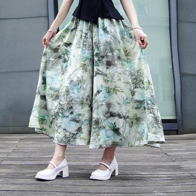 Cool Ice Silk Nine-point Pants Skirt Wide-leg Pants New High-waist Drooping Retro Ink Printing Skirt