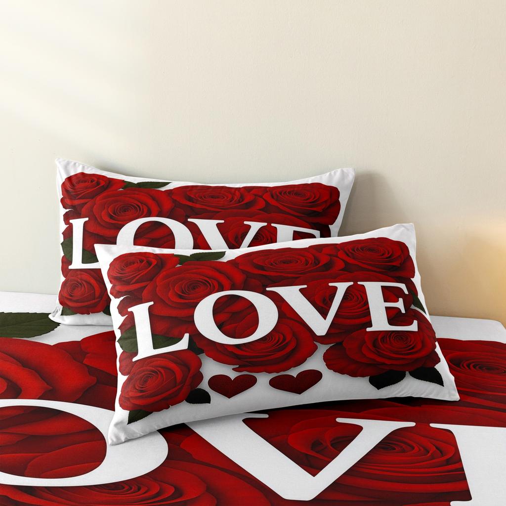 3pcs Valentine's Love Rose Day Applicable Love Letter Pattern Fitted Sheet Set, Bedding Set, Soft and Comfortable Fitted Sheet