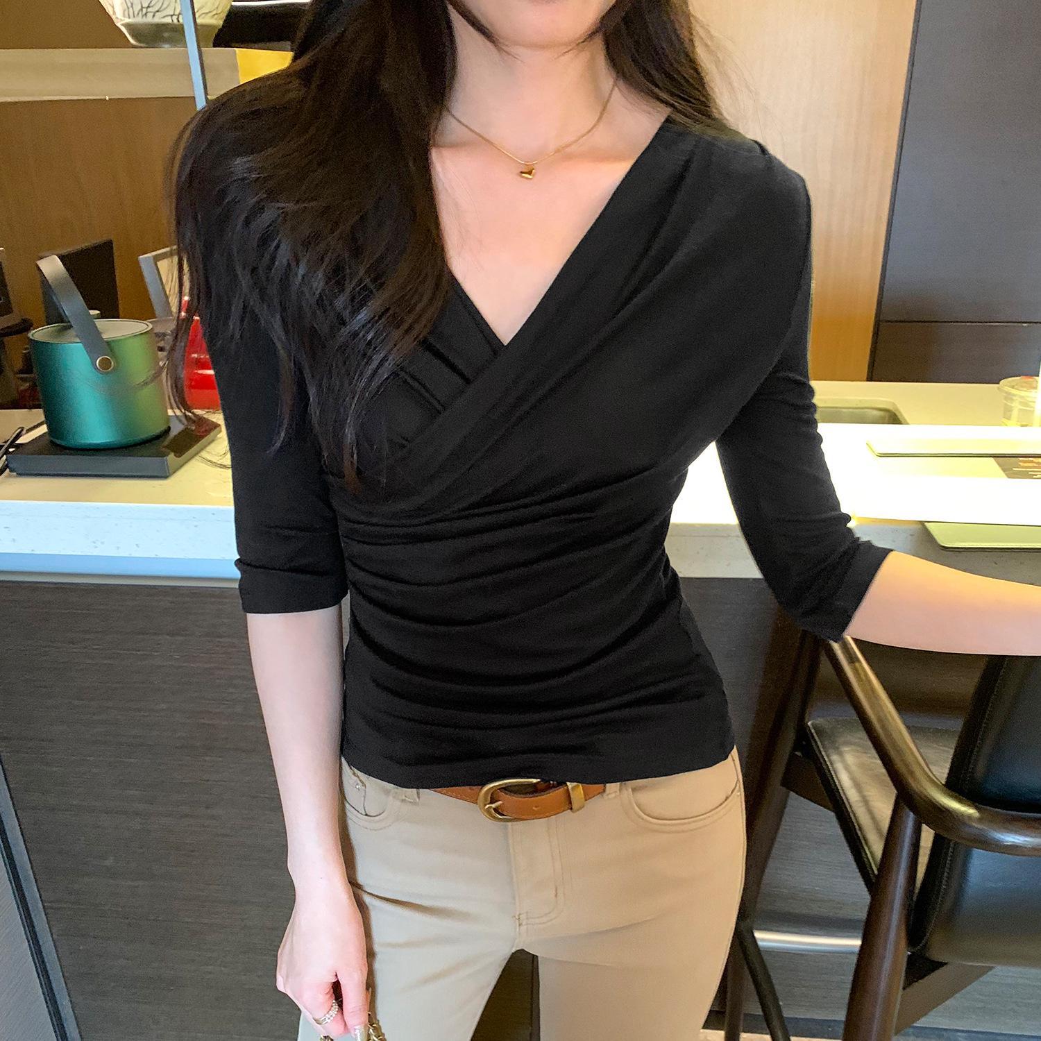 Women s Slim-Fit Tencel Wool V-Neck Mid-Sleeve Top - Korean Style, Spring/Summer 2026 Collection M