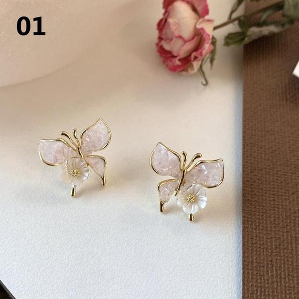 

Серьги-гвоздики с цветком и бабочкой для женщин, модные милые серьги с кристаллами, вечерние украшения, подарок на день рождения