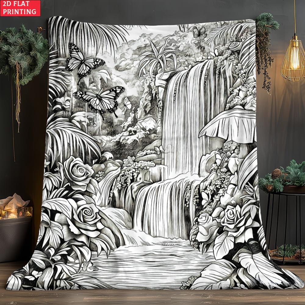 Forest Waterfall Coloring Portable Blanket, 2D Flat Lightweight Home Decor Travel Camping, Soft Warm Digital Printed Fabric