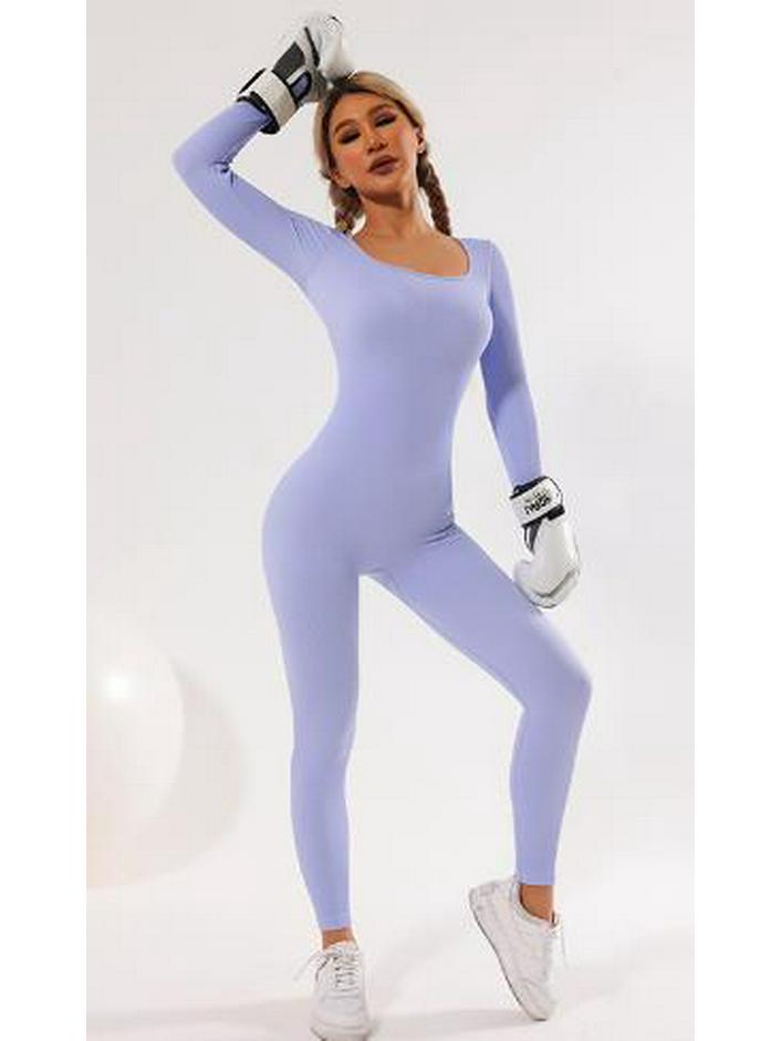 

Премиальный цельный бесшовный костюм для йоги - Лонгслив и брюки, Высокоэластичная одежда для фитнеса с контролем живота Small светло-фиолетовый