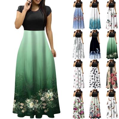 Women's Fashion Casual Loose Printed Round Neck Short Sleeve Long Dresses