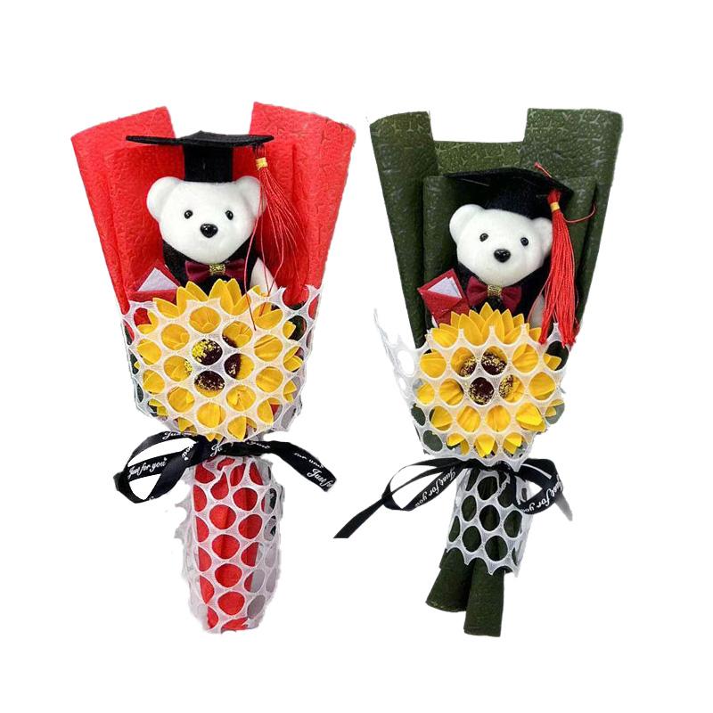 1Pc Graduation Bouquet Student Gift Crochet Flower Mini Party Decor DIY Little Bear Plush Toy Sunflower