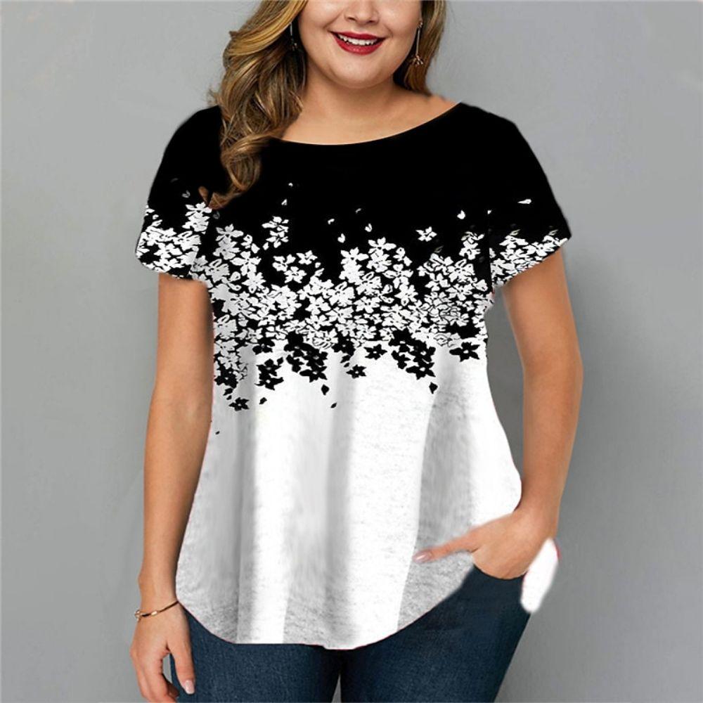 Summer Round Neck Floral Graphic 3D Print Top Fashionable Casual Short Sleeved Plus Size Women's T-shirts