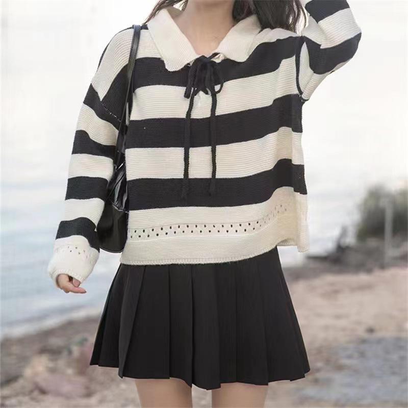 

Новый мягкий восковой трикотажный топ с длинным рукавом и воротником поло в полоску, свитер первая любовь , молочный фуфу, женский, маленький, для осени и зимы One size чёрный