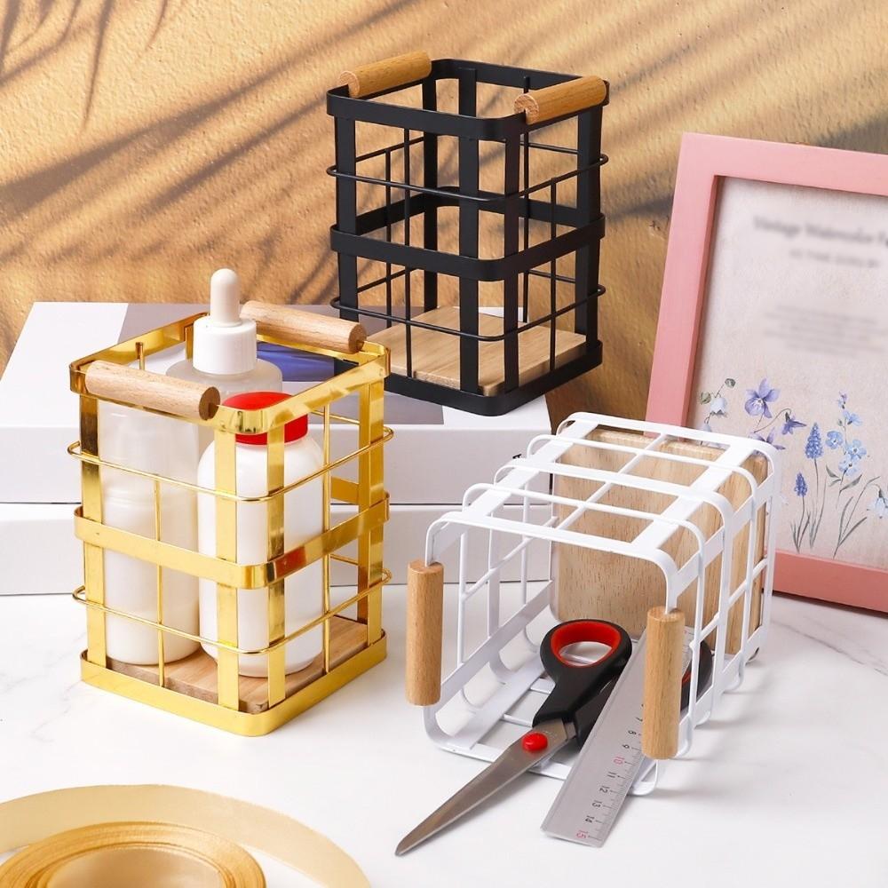 Square Iron Kitchen Storage Basket Wooden Base Hollow Chopstick Spoon Storage Box Anti-slip Decorative Dinnerware Storage Tube