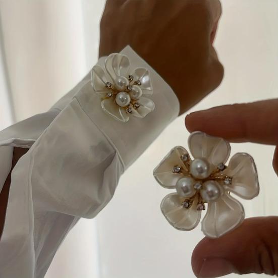 Flower Cufflinks Faux Pearl Rhinestone Flower Button Covers for Women Dress Shirts Crafting DIY Embellishments Gifts