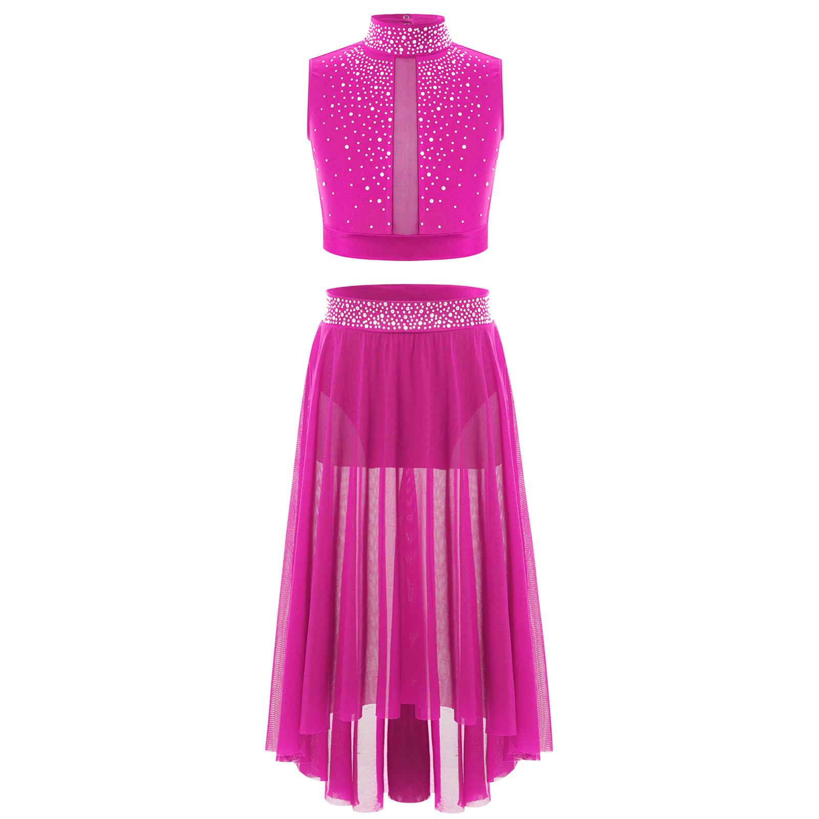 

Дівчачий танцювальний костюм Блискучий кроп-топ З вирізом на спині Спідниця з сітки з нерівним подолом Розріз збоку Набір для виступу 9-10 Years гарячі рожевого кольору