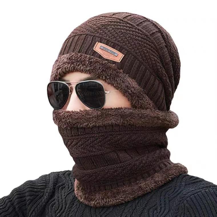 Men's Autumn Winter Warm Two-piece Hat and Neck Warmer Set Outdoor Cold-proof Knitted Woolen Hat and Neckerchief Set for Men